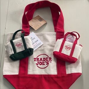 Trader Joe’s red mini tote and 2 micro totes.